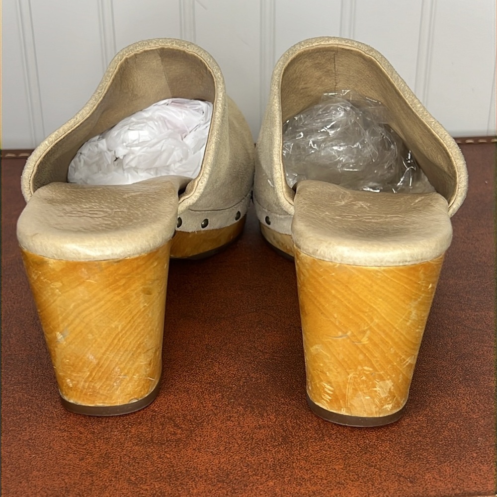 UGG Cream Suede Clog Heels with Wood Platform - Picture 4 of 13